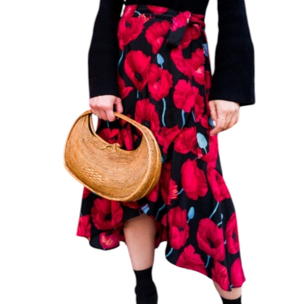 H&M Women's Wrap Midi Skirt Red Black Floral Design & Ruffles Size‎ 12